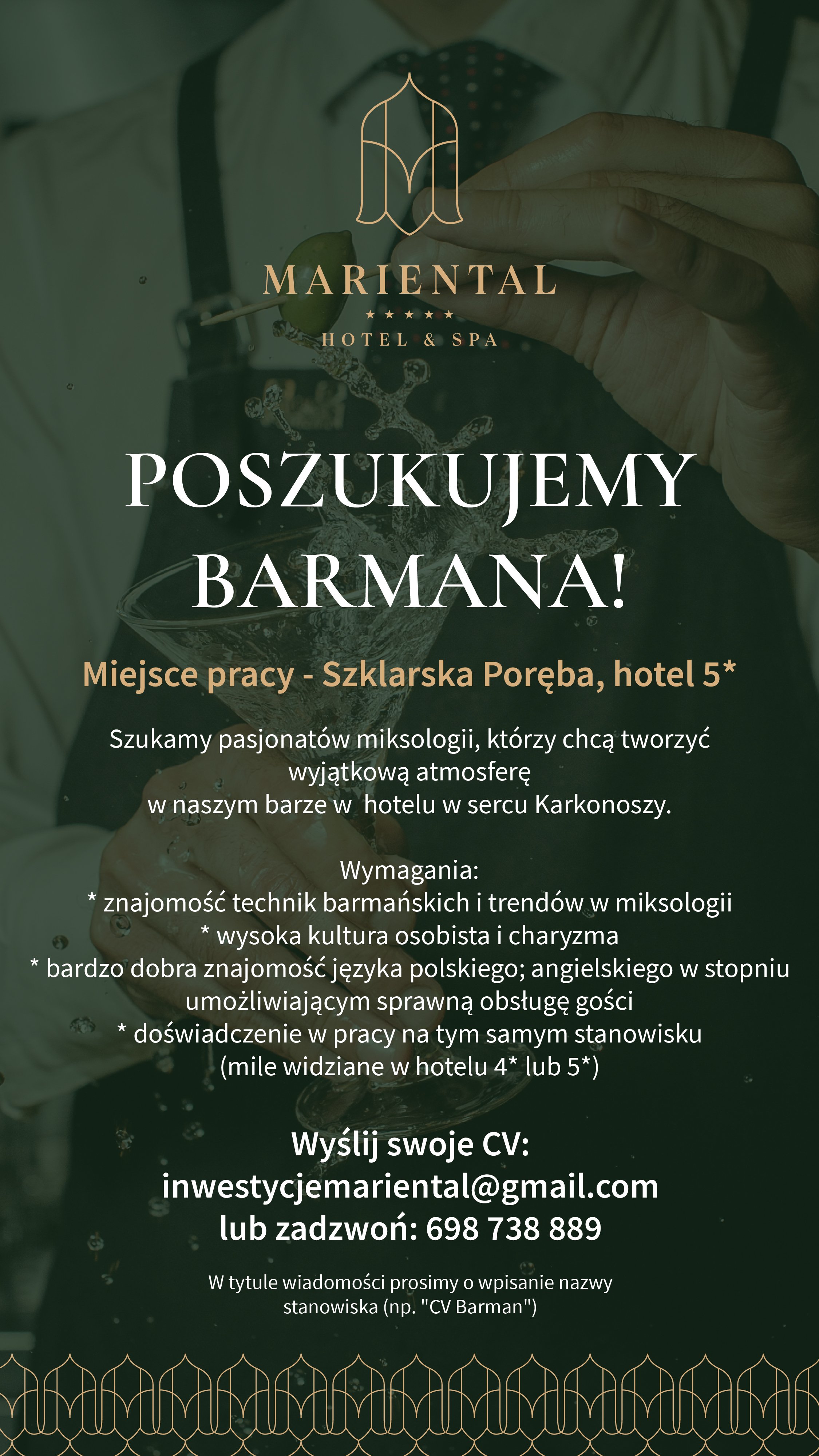 POSZUKUJEMY: RECEPCJONISTY NOCNEGO, KELNERÓW, BARMANÓW