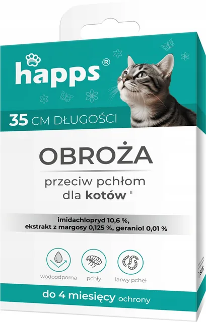 HAPPS obroża przeciw pchłom dla kotów, działa do 4 miesięcy